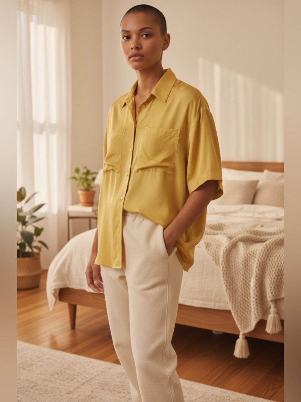 Vtg 90’ Chic Yellow Shirt Silk Shirt Sleeve L